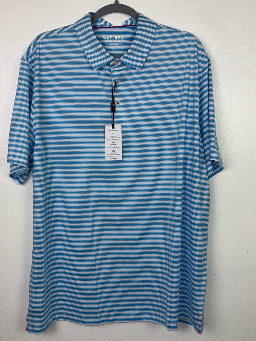Maelreg New Men 2XL Performance Polo Sky Blue White Short Sleeve UPF 30+ Shirt